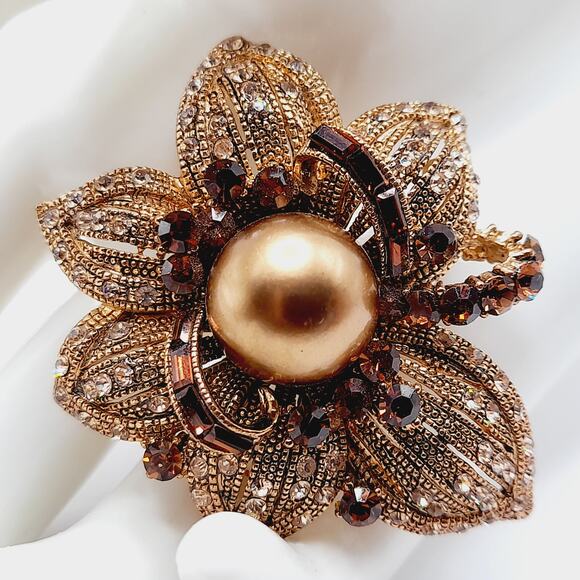 Vintage BJ Rhinestone Faux Pearl Flower Brooch or Pendant - 2 1/4 Inches - Picture 2 of 10